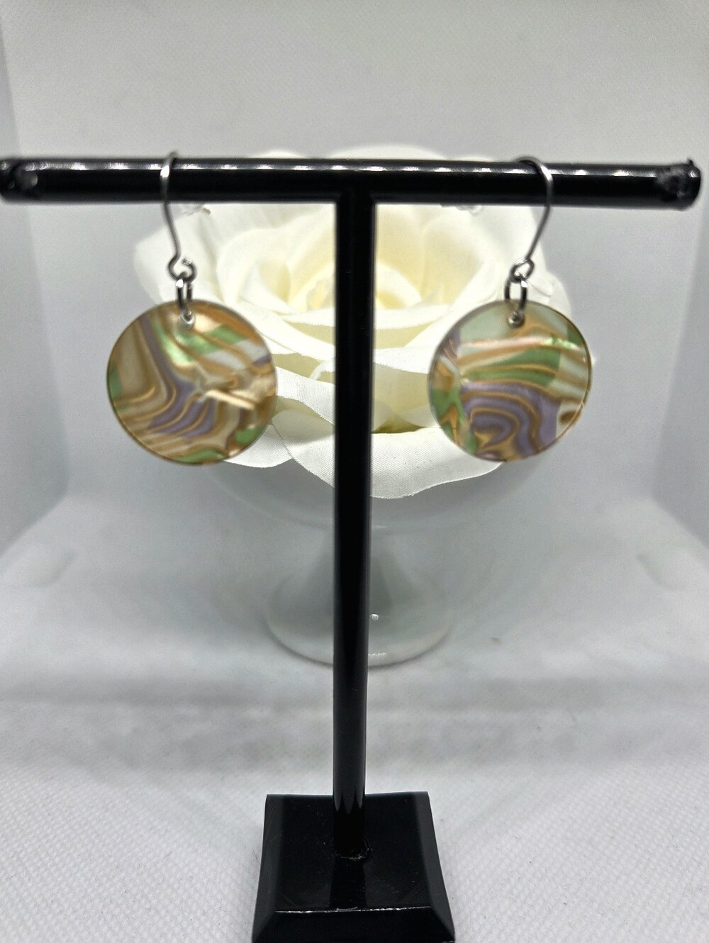 Handmade Swirl Disc Drop Earrings in Green and Lavender
